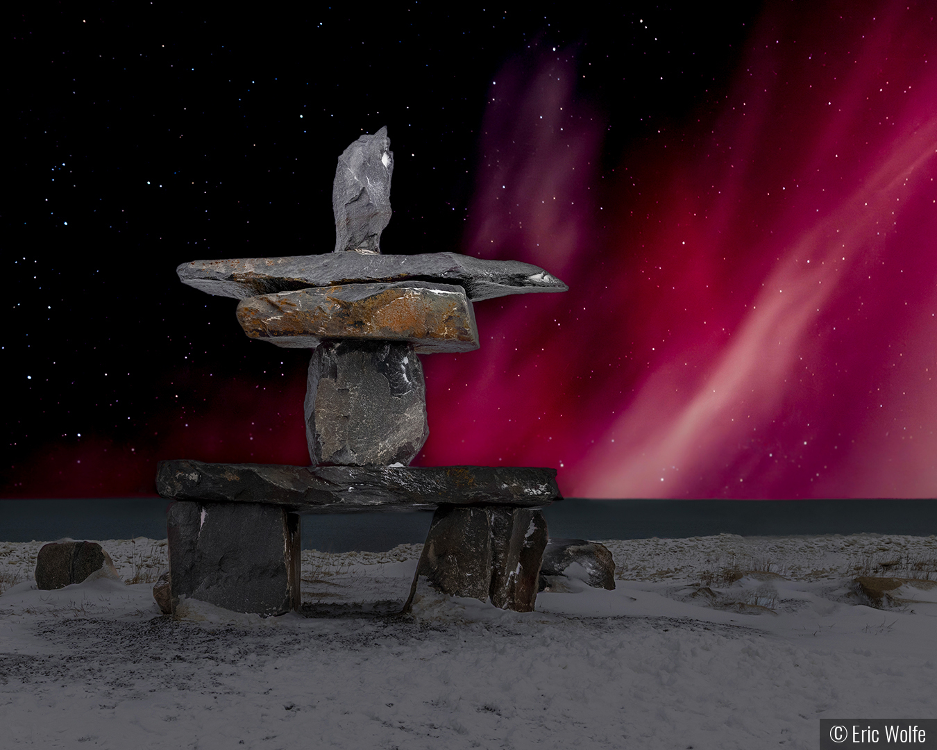 Hudson Bay Inukshuk with Northern Lights by Eric Wolfe