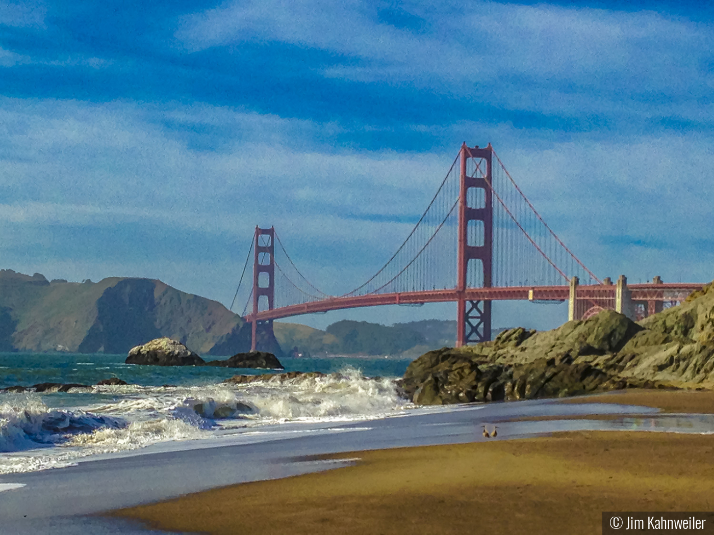 Sand pipers, Baker Beach, Golden Gate Bridge, Golden Gate National Recreation Area, California by Jim Kahnweiler
